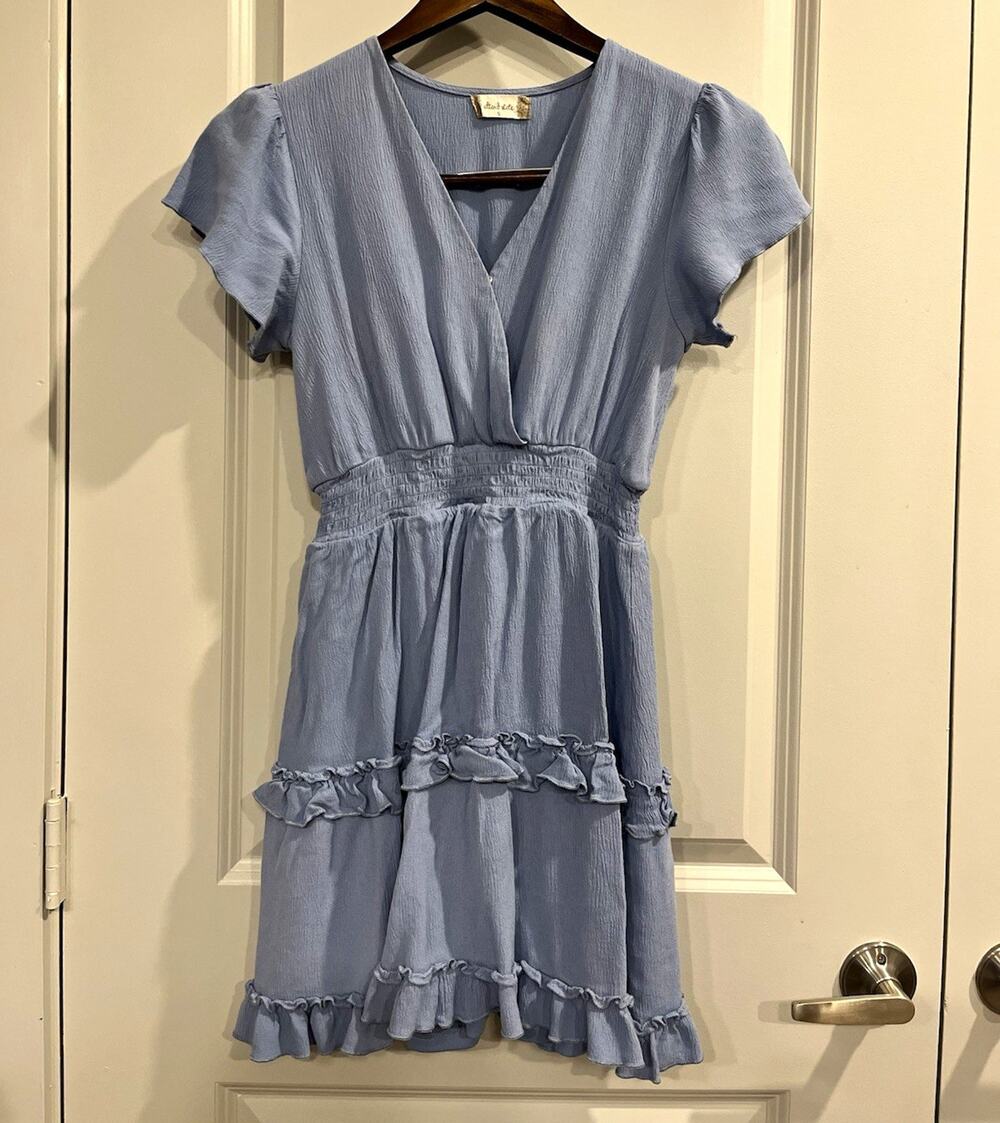 Altar'd State Blue Smocked V-Neck Flutter Sleeve Ruffle Mini Dress Women S 0009